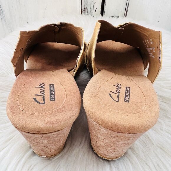 Clarks Mustard Yellow Suede Leather Slip on Wedge Cork Sandals Shoes Y2K Size 8M - Picture 5 of 8